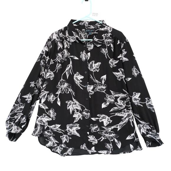 Faith & Zoe Women's Plus Size 2X Black White Floral Sheer Button Up Blouse Top - Picture 1 of 6